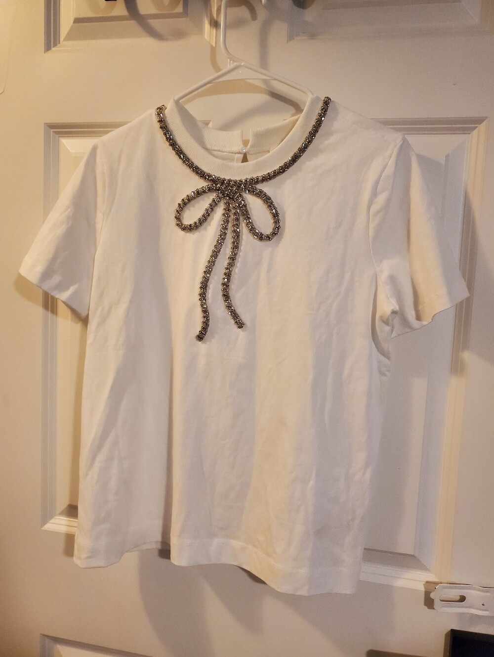 Anthropologie Mauve White Short Sleeve Tee with Jeweled Bow Accent